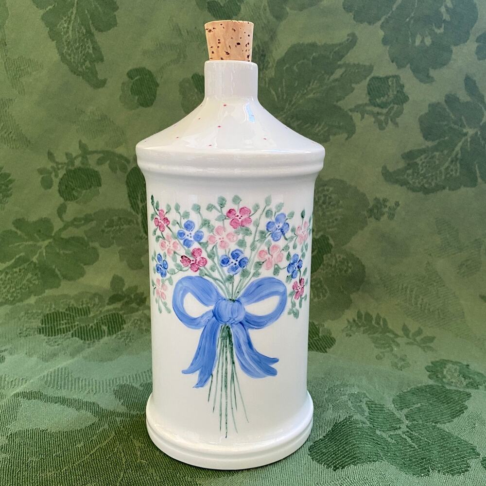 Vintage Limoges France Porcelain Bottle 8.5" Floral Bath Oil Decanter Cork